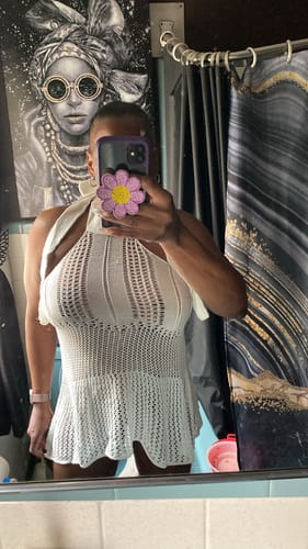 Customer photo review of Crochet solid backless sleeveless halter self tie mini dress