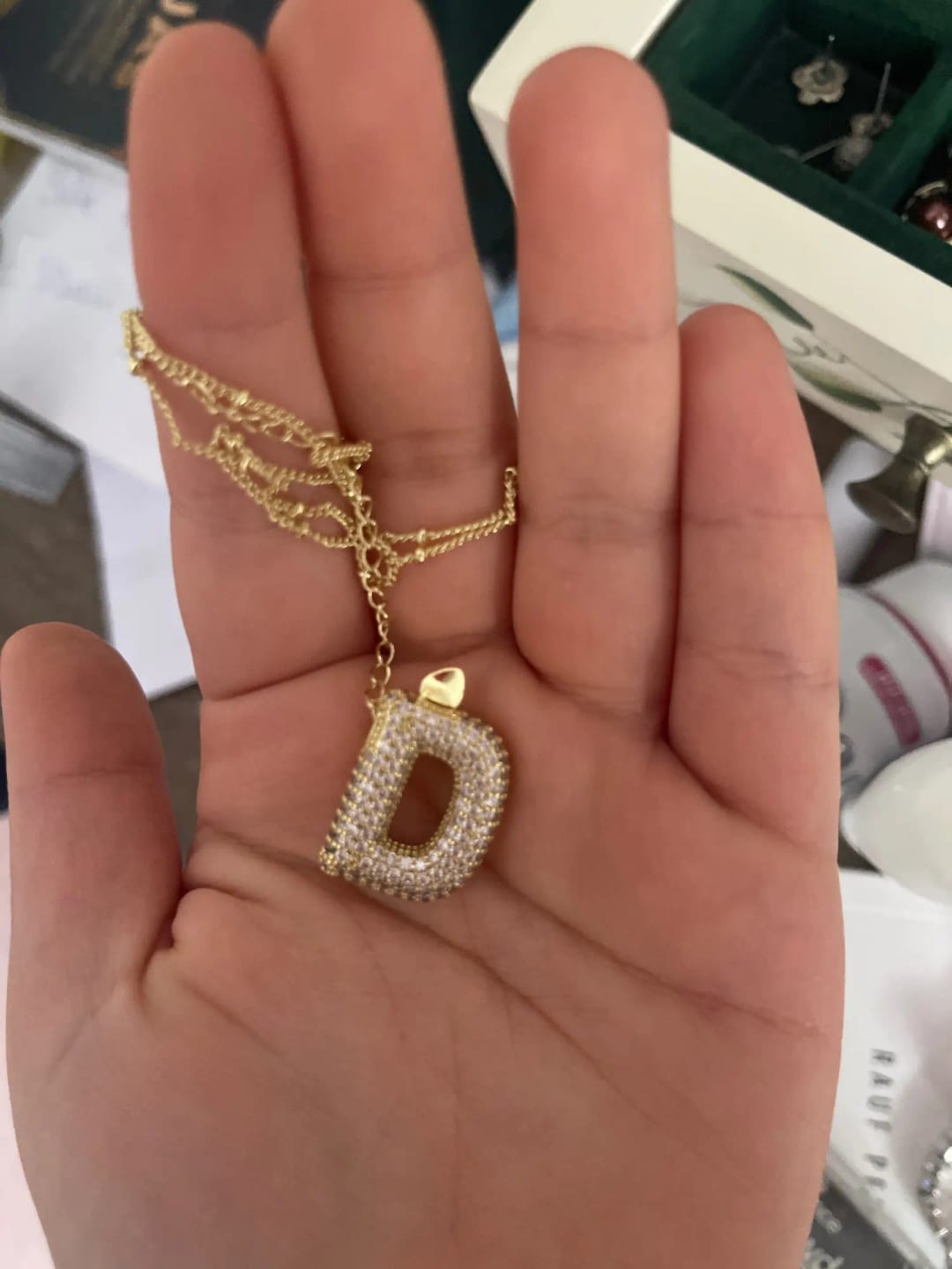 Customer photo review of Block Letter Pendant Necklace '18k Gold Plated'
