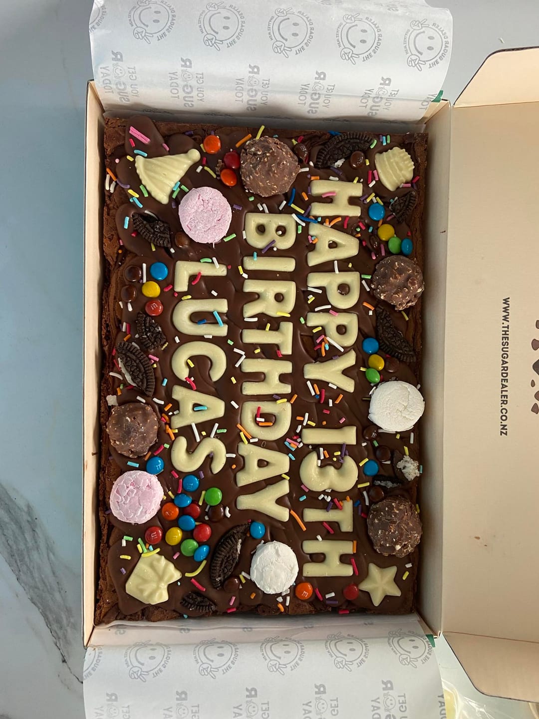 Customer photo review of Mega custom message birthday brownie