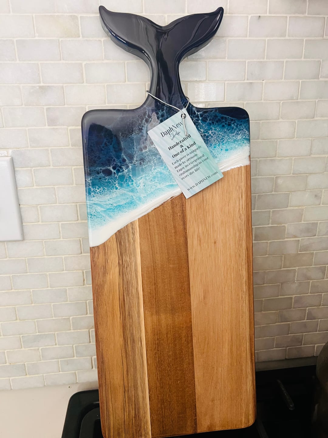 Customer photo review of Nautical Cheese Board Whale Tail Cutting Board Charcuterie Board with Personalization  and gift Box