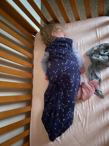 Customer photo review of Organic Cotton & Camel Wool Sleeveless Sleep Sack 1.0 TOG - Constellation