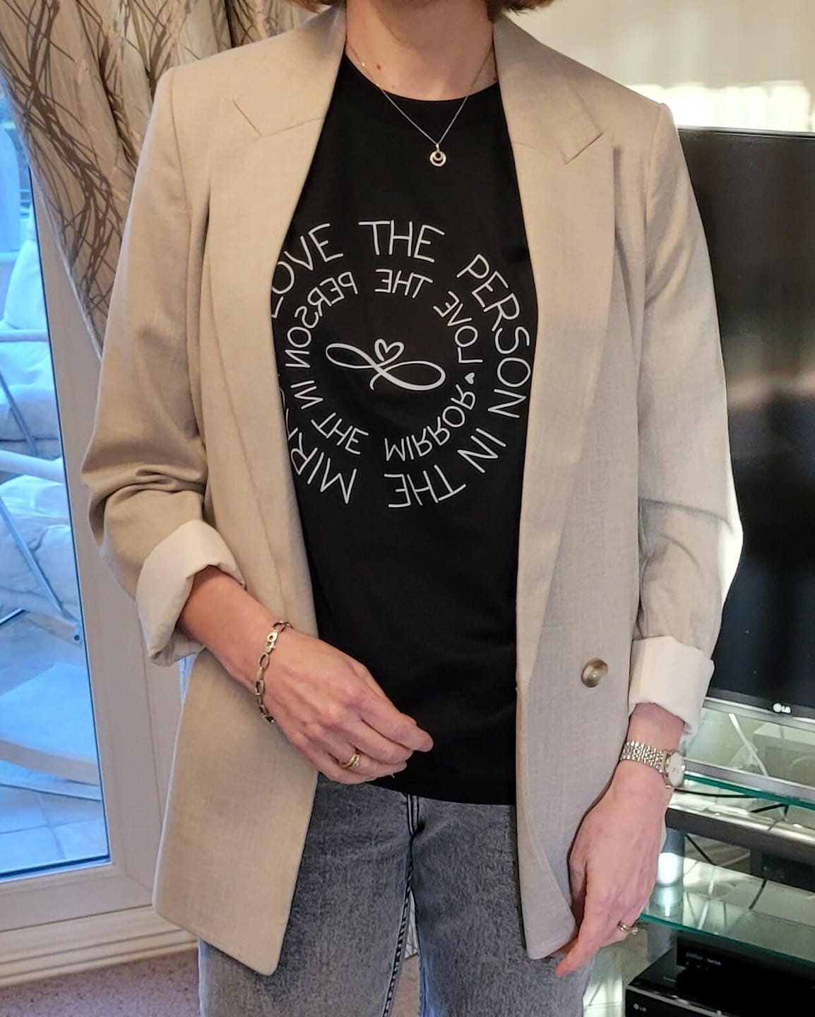 Customer photo review of "Love the Person in the Mirror" Boxy Tee Slogan T-Shirt (70% of sales profit donated to Charity)
