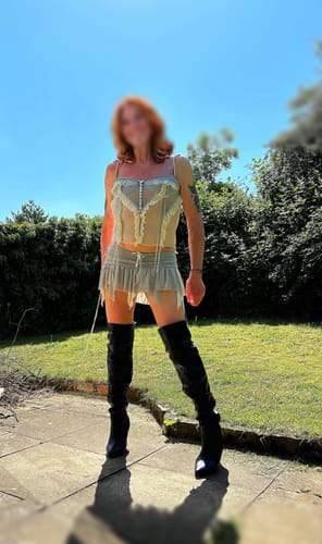 Customer photo review of Mesh patchwork ruffle button contrast backless cami ruched skirt set