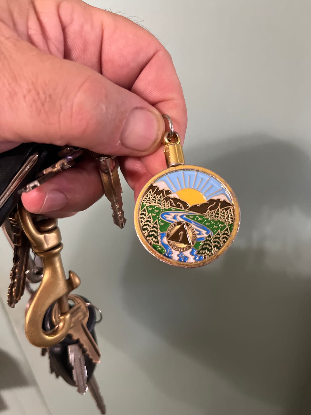 Customer photo review of 1 to 65 Year Sobriety Mint Winding River Gold Plated AA Recovery Medallion/Chip/Coin