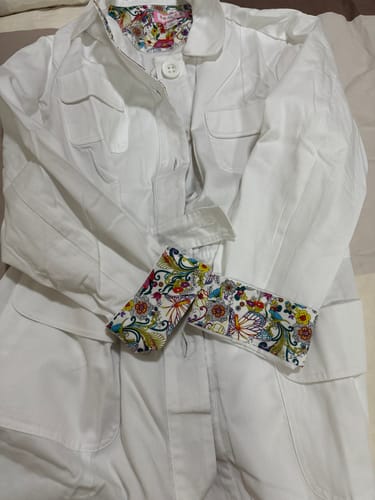 Customer photo review of GENEVA Modern labcoat with 4 pocket and floral accent details