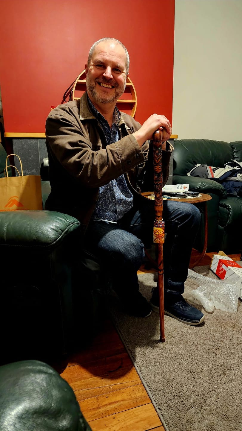 Customer photo review of Maori Walking Stick with Curved Handle and Tiki Carving