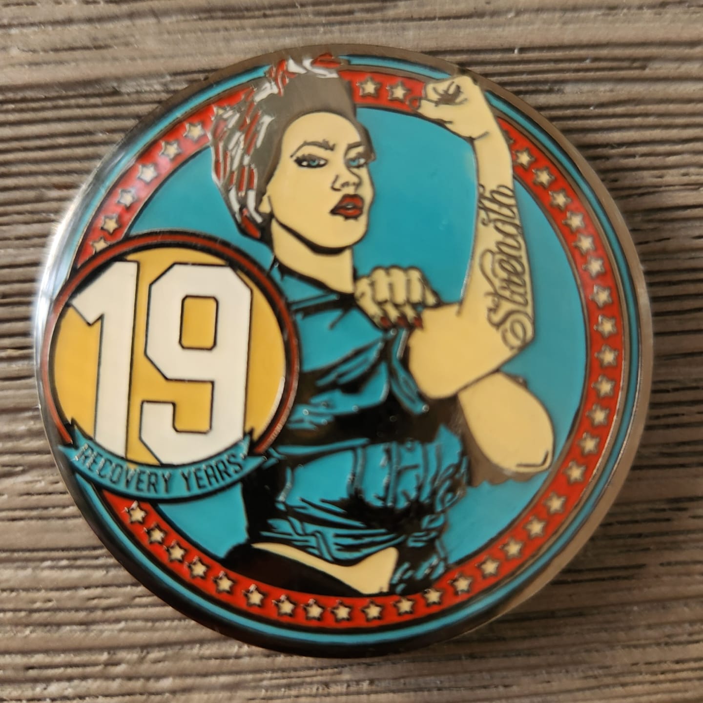 Customer photo review of Rosie Recovery Strength 19 Year AA/NA Medallion - Tri-Plate Nineteen Year Chip/Coin