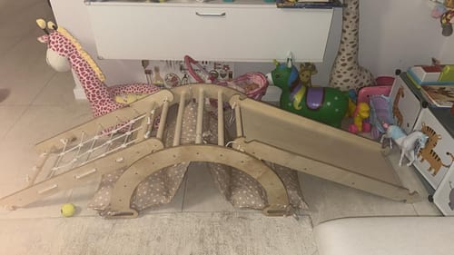 Customer photo review of 6in1 Montessori Climbing Frame Set: Triangle Ladder + Arch/Rocker + Slide/Ramp + Net + Cushion + Art Addition