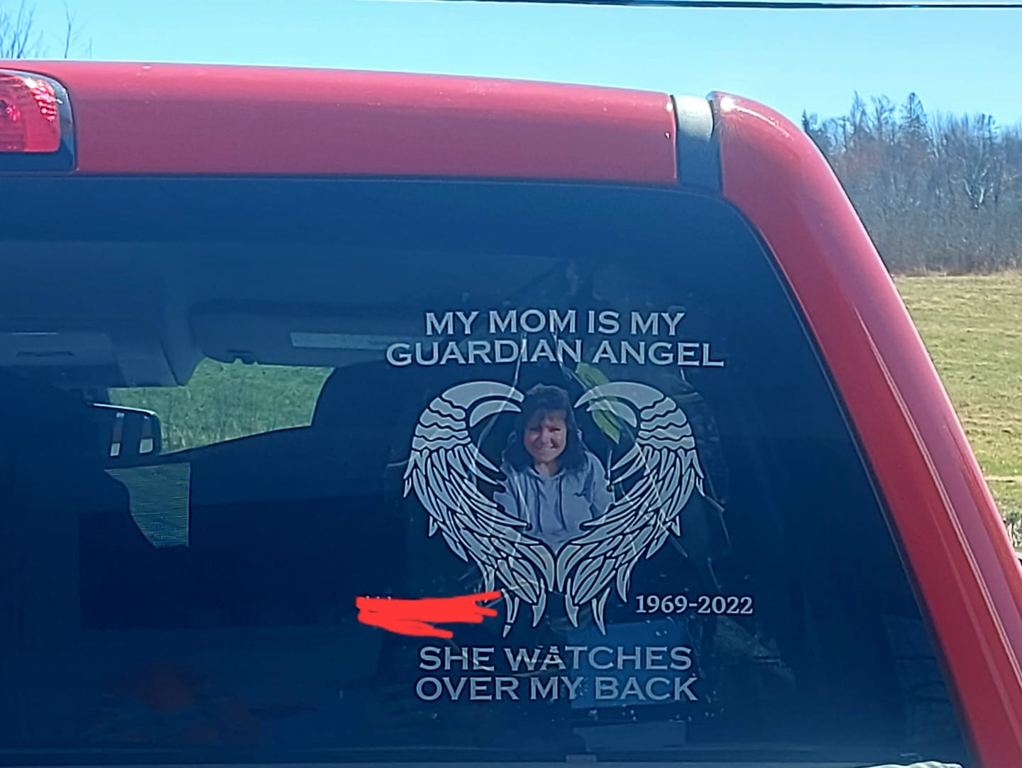 Customer photo review of Memorial Upload Photo Heart Wings, My Dad Mom Grandma Grandpa Is My Guardian Angel Personalized Decal