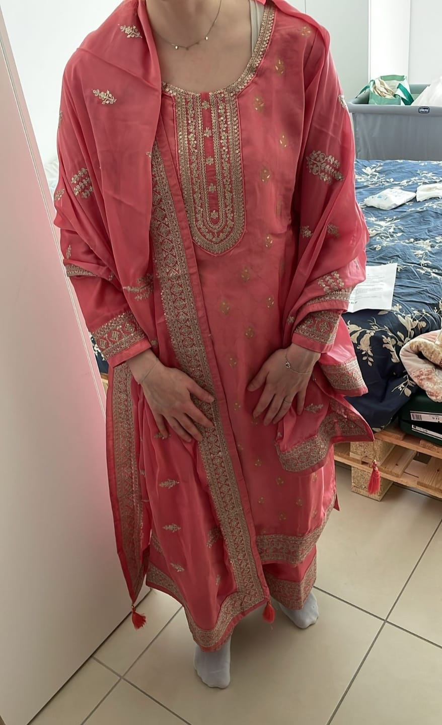 Customer photo review of Rose Pink Designer Heavy Embroidery Work Dola Silk Salwar Kameez Plazzo suit