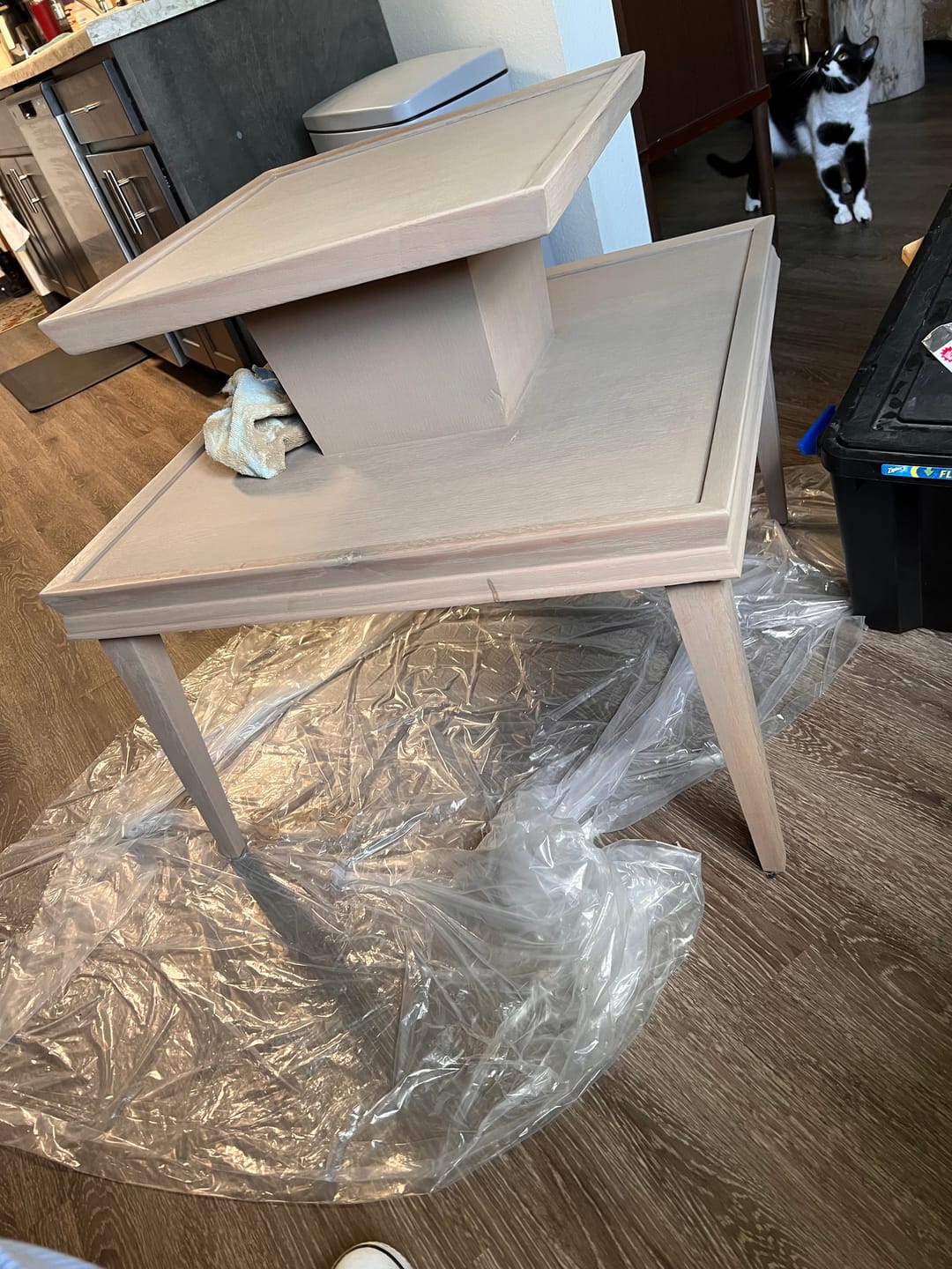 A mid-century end table stained with a custom mix of two Evolve shades