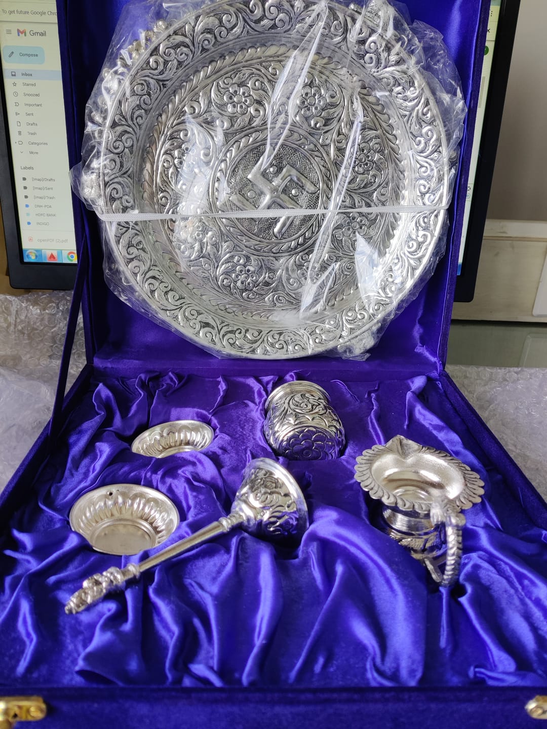 Customer photo review of Intricately Designed Silver Pooja Thali Set with Elephant Trunk Shaped Stand