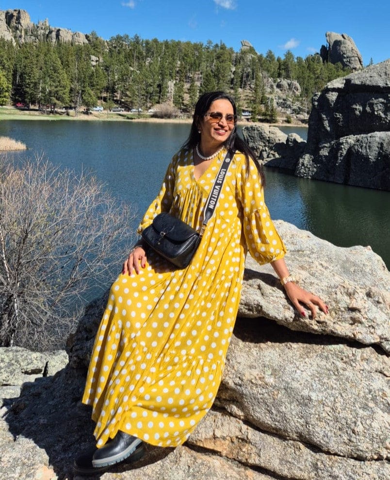Customer photo review of Bonjour Yellow Polka Modal Maxi Dress