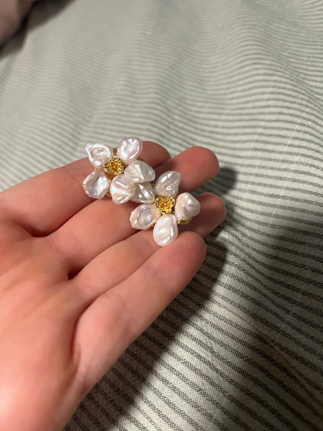 Customer photo review of FLOWER - White Keshi Pearl Stud Earrings