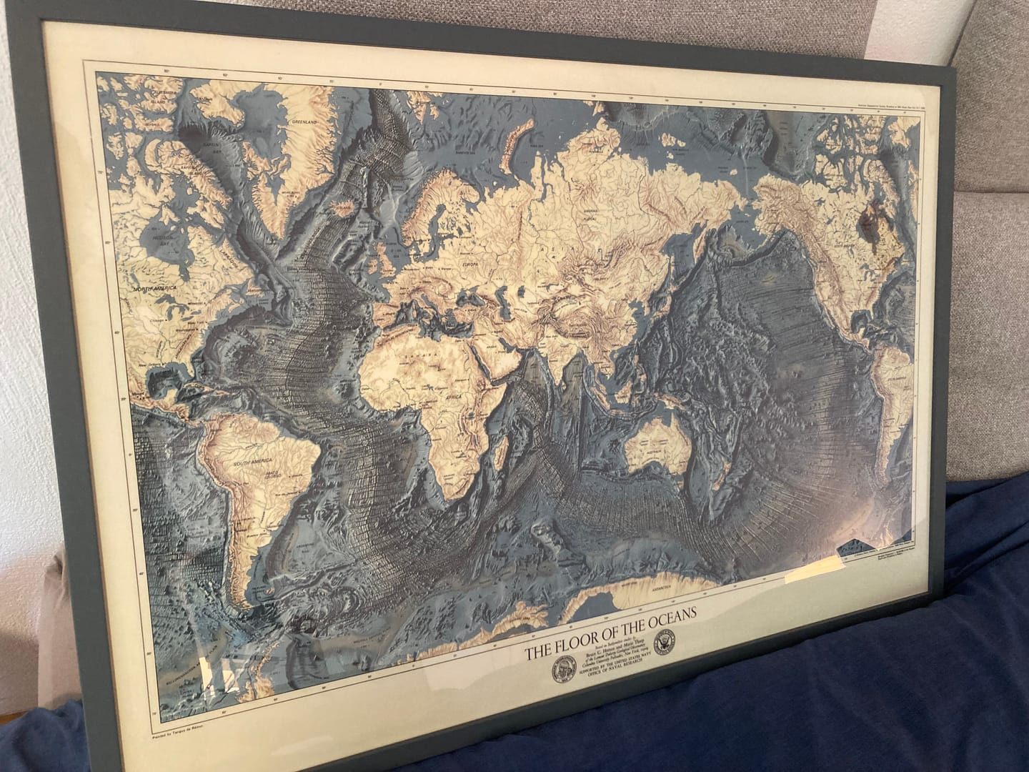 Customer photo review of Rare Old Map of the Ocean Floor and Land Relief by the US Navy in 1976 - Europe, Africa, Americas, Antarctica, Australia
