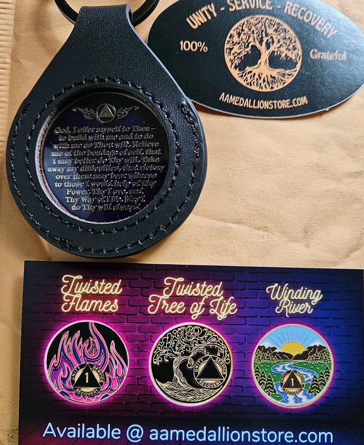 Customer photo review of 1 to 50 Year Sobriety Mint Twisted Tree of Life Gold Plated AA Recovery Medallion/Chip/Coin - Purple