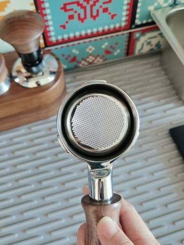 Customer photo review of Stainless Steel Bottomless Portafilter with Walnut Handle
