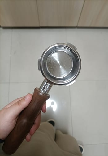 Customer photo review of Stainless Steel Bottomless Portafilter with Walnut Handle