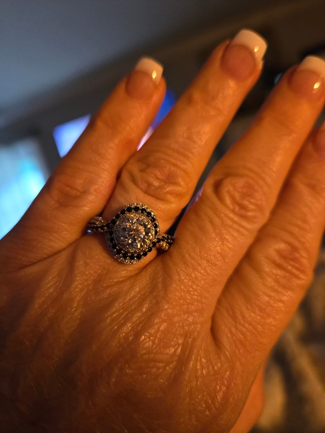 Customer photo review of Double Halo Moissanite Black Pavé Swirl Engagement Ring