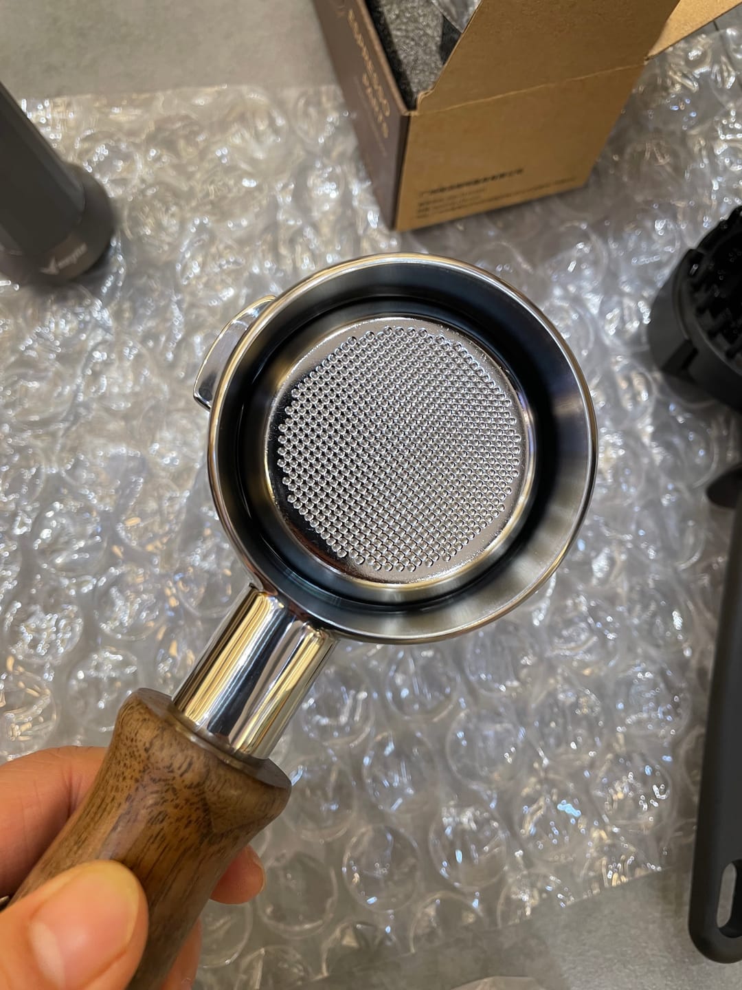 Customer photo review of Stainless Steel Bottomless Portafilter with Walnut Handle