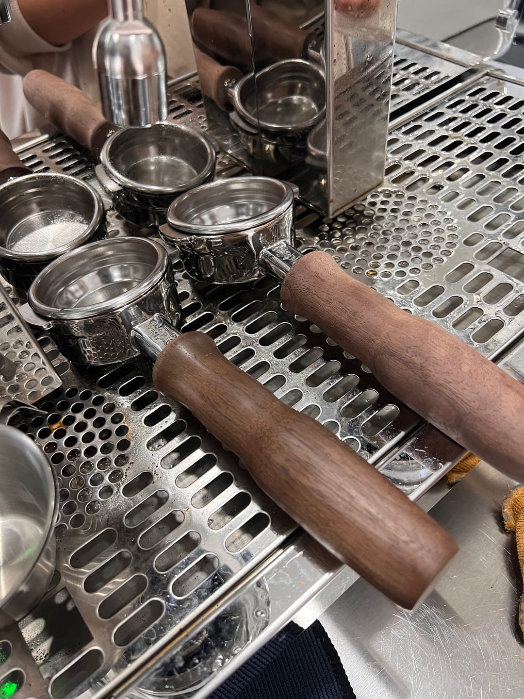 Customer photo review of Stainless Steel Bottomless Portafilter with Walnut Handle