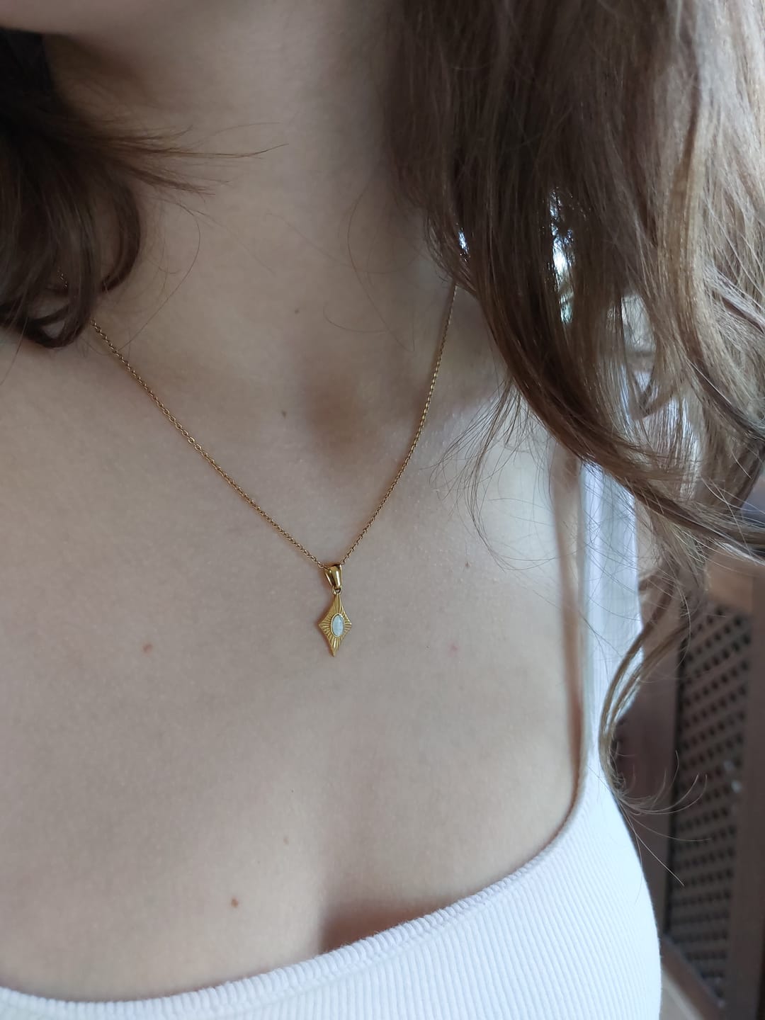 Customer photo review of Luna White Opal Gold Necklace