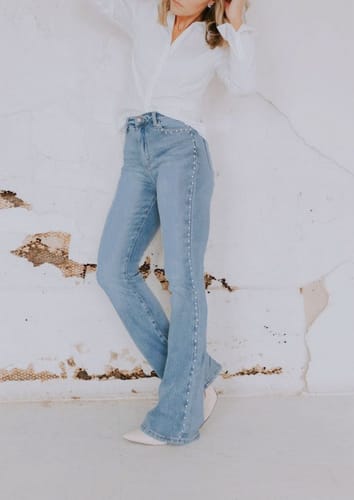 Customer photo review of Pearl Studded Boot Cut Jeans Ice Blue
