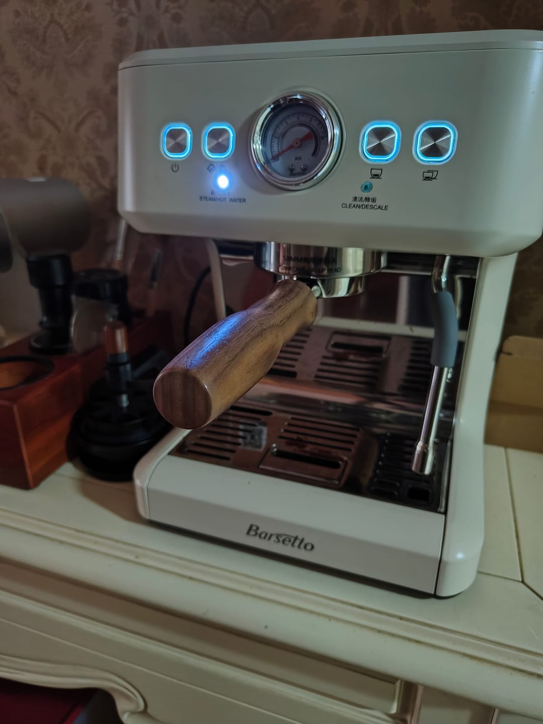 Customer photo review of Stainless Steel Bottomless Portafilter with Walnut Handle