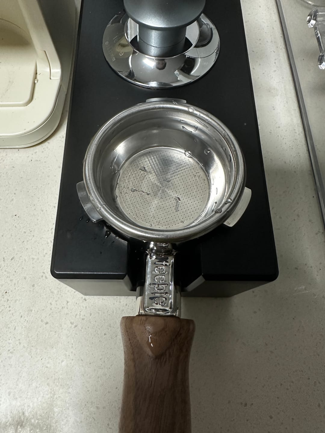Customer photo review of Stainless Steel Bottomless Portafilter with Walnut Handle