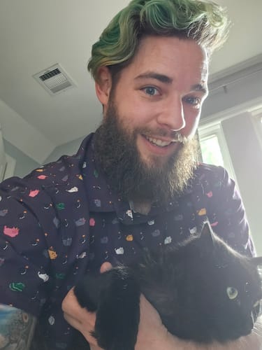 Customer photo review of Exploding Kittens Pixel Cats Dark Button Up Shirt