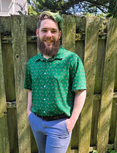 Customer photo review of Sword and Hearts Video Game Green Button Up Shirt