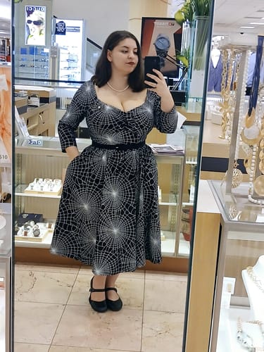 Customer photo review of Wicked Swing Dress in Vintage Spiderweb Print - Vixen by Micheline Pitt