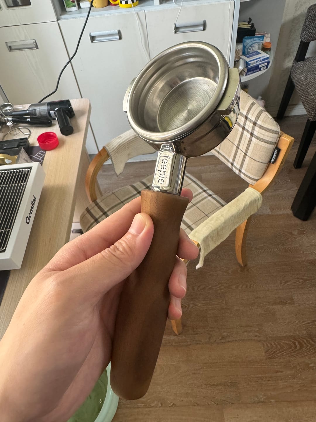 Customer photo review of Stainless Steel Bottomless Portafilter with Walnut Handle
