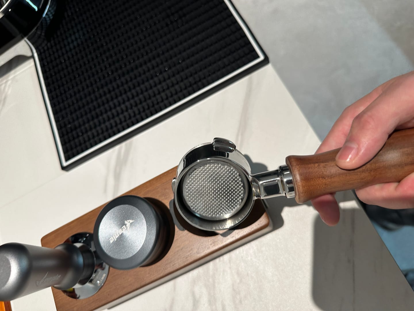 Customer photo review of Stainless Steel Bottomless Portafilter with Walnut Handle