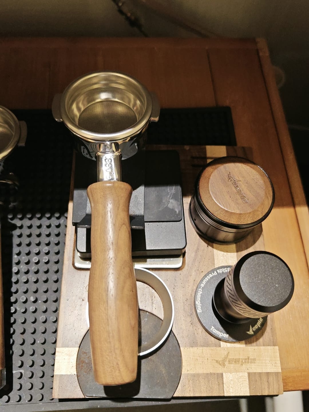 Customer photo review of Stainless Steel Bottomless Portafilter with Walnut Handle