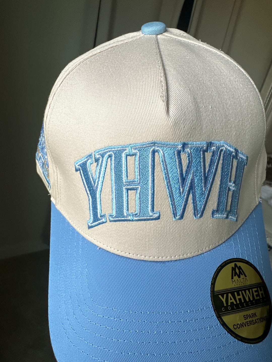 Customer photo review of [PRE-ORDER - SHIPS MAY 15TH] ‘YHWH’ Structured SnapBack - Cream/Baby Blue