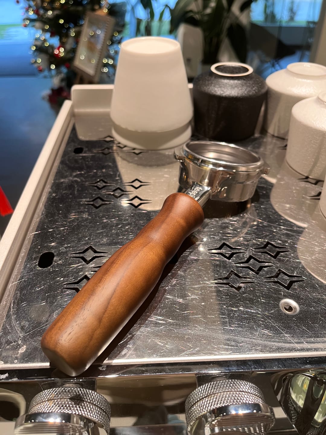 Customer photo review of Stainless Steel Bottomless Portafilter with Walnut Handle