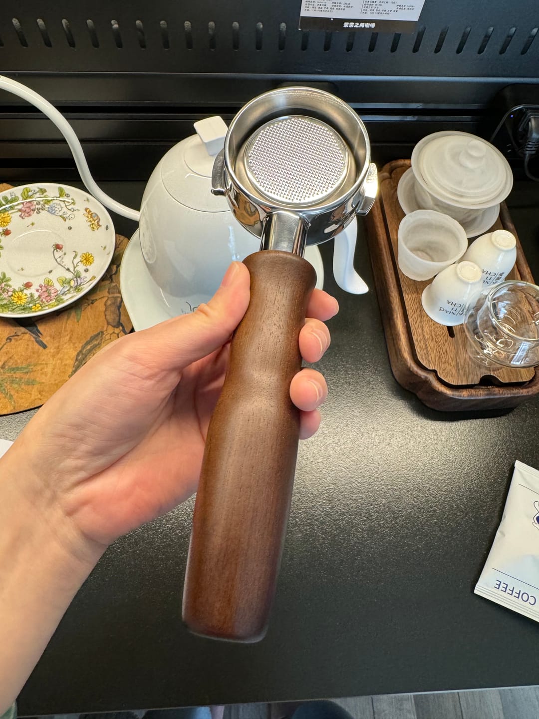 Customer photo review of Stainless Steel Bottomless Portafilter with Walnut Handle