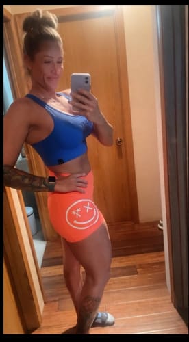Customer photo review of Salty Savage Ladies High Rise “Spliced Side Smile” Booty Scrunch Training Shorts | Wet Suit Performance