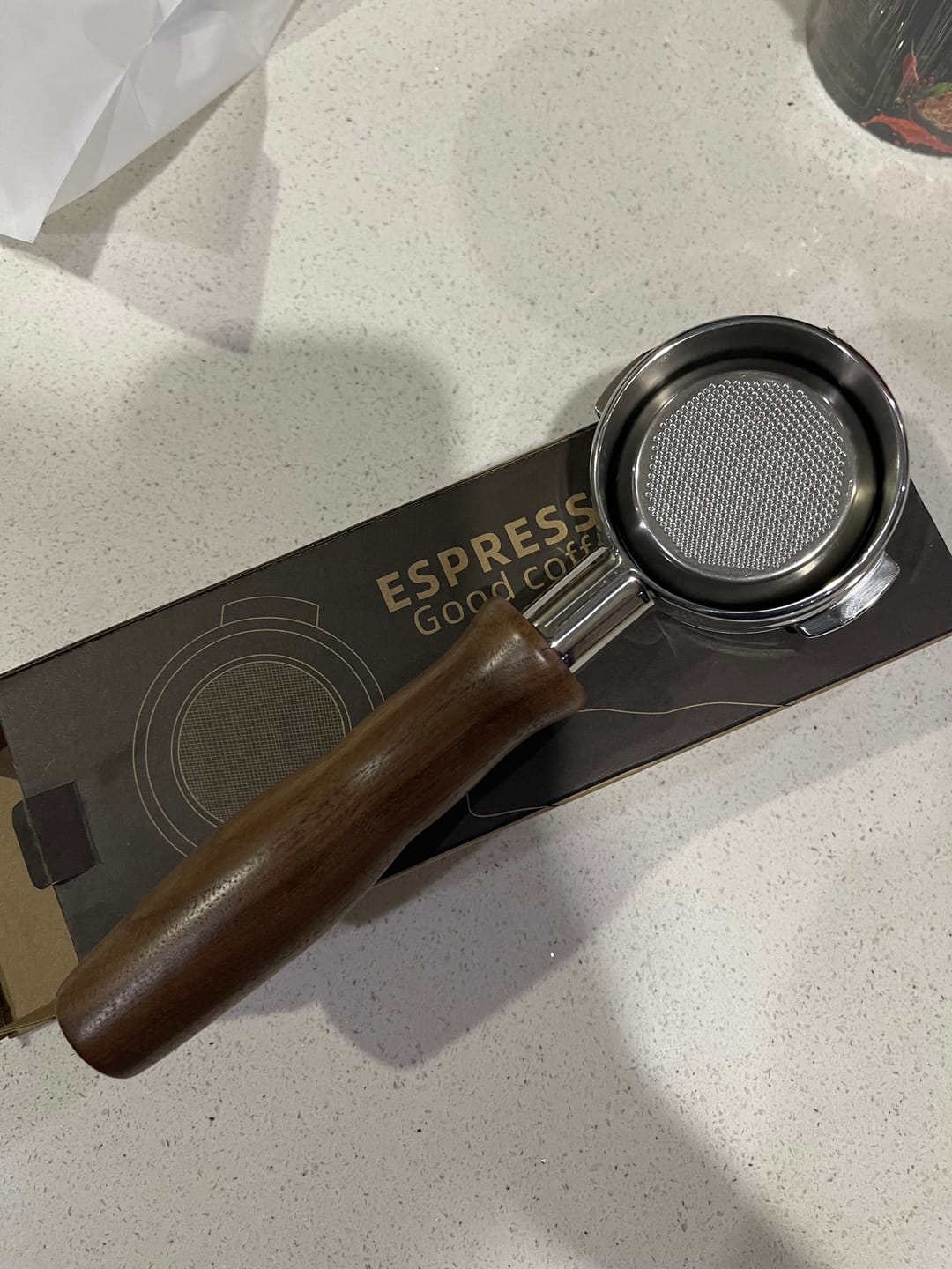 Customer photo review of Stainless Steel Bottomless Portafilter with Walnut Handle