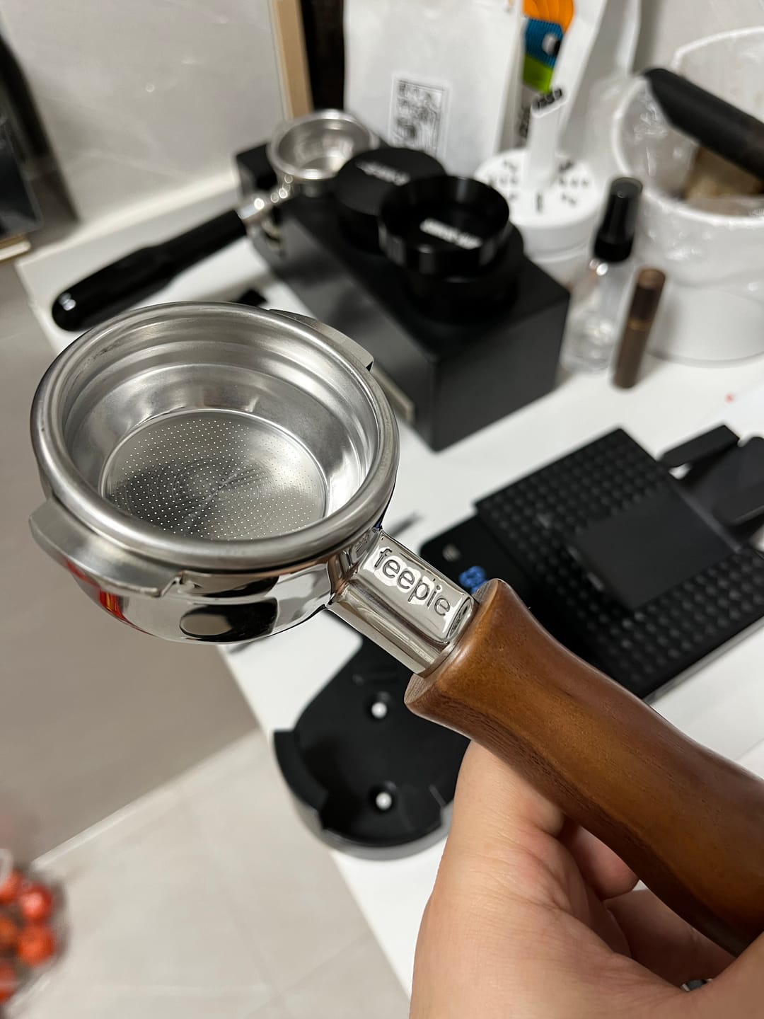 Customer photo review of Stainless Steel Bottomless Portafilter with Walnut Handle