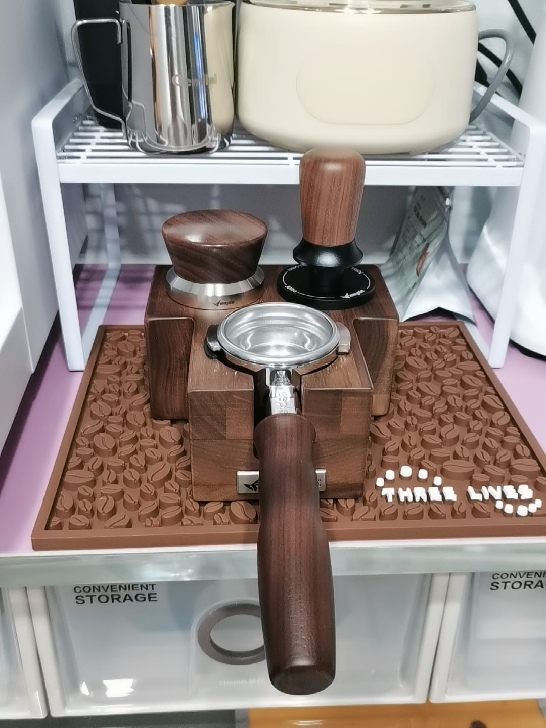 Customer photo review of Stainless Steel Bottomless Portafilter with Walnut Handle