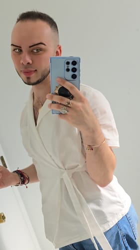 Customer photo review of Mens Solid Lapel Tie Side Cotton Shirt SKUK17361