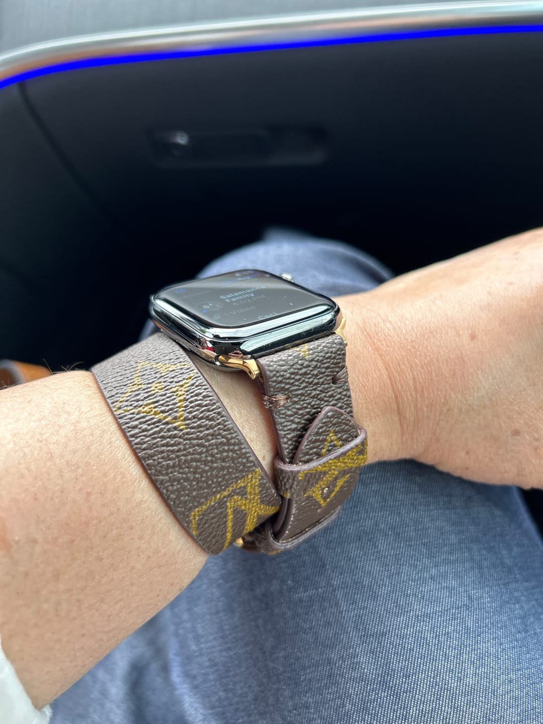 Customer photo review of Handmade Re-Purposed Double Turn Classic Brown Monogram Band for Apple Watch Series 1-8