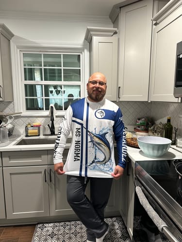 Customer photo review of Maxcorners Fishing Marlin Customize Name And Boat Name 3D Shirts