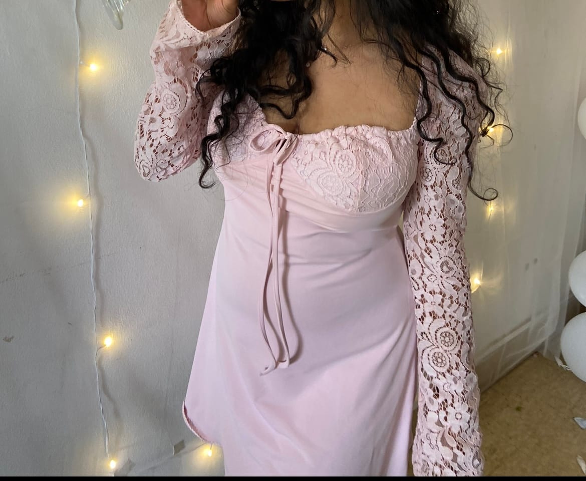 Customer photo review of FIONA LACE MINI DRESS IN BABY PINK