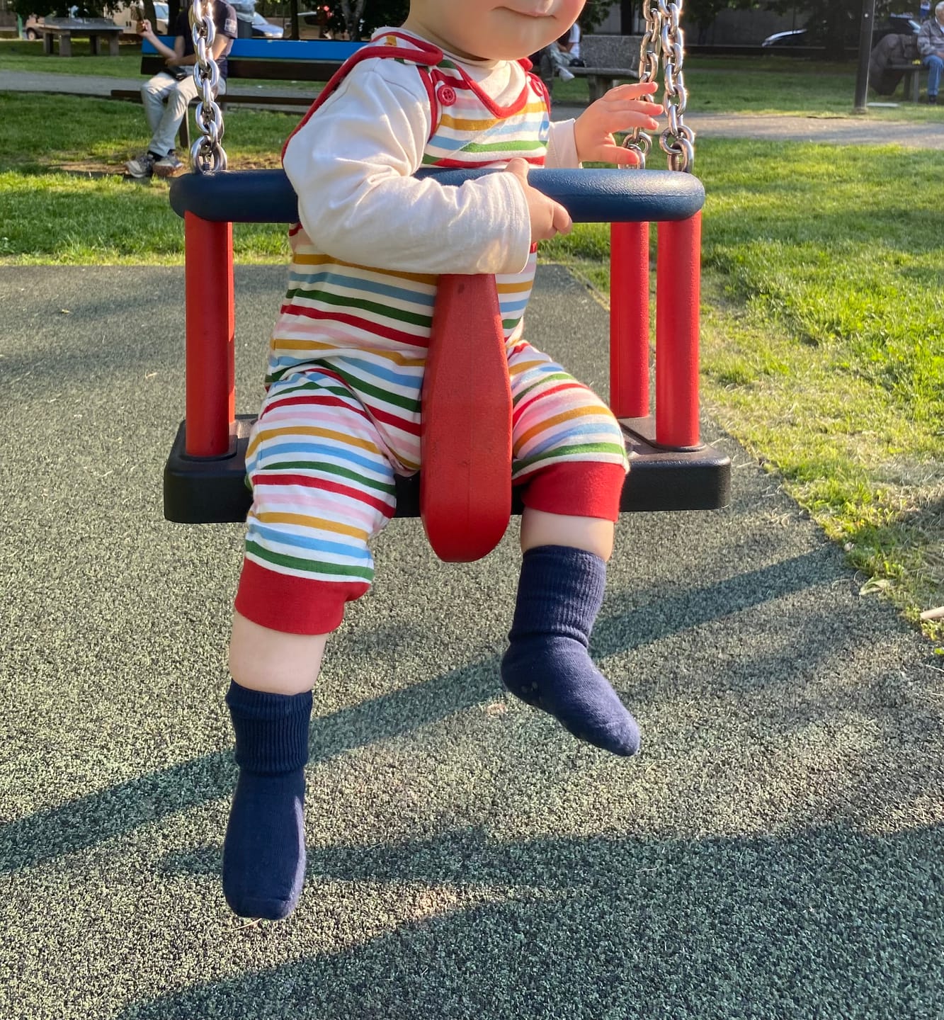 Customer photo review of Rainbow Striped Everyday Dungarees