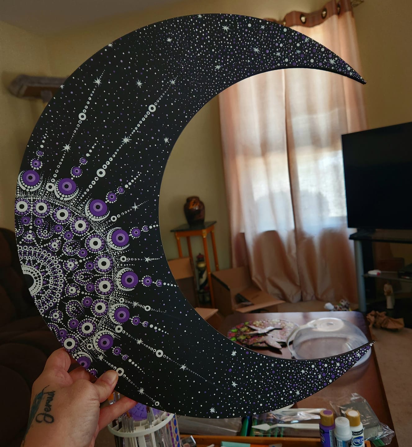 Customer photo review of Unfinished Wood Crescent Moon Shape | DIY Celestial Night Sky Craft Cutout | Up to 36"