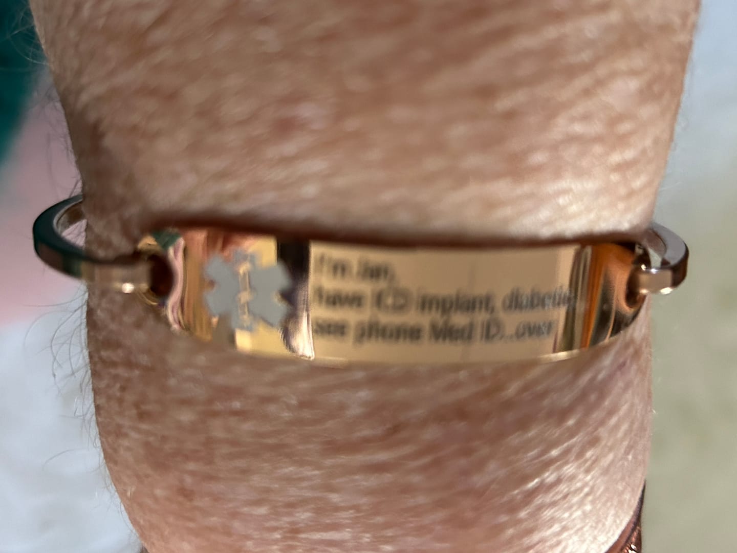 Customer photo review of Personalised Rose Gold Medical Alert ID Bangle Bracelet