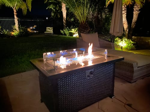 Customer photo review of 44 in Outdoor Propane Gas Fire Pit Table with Glass Wind Guard, Dark Brown